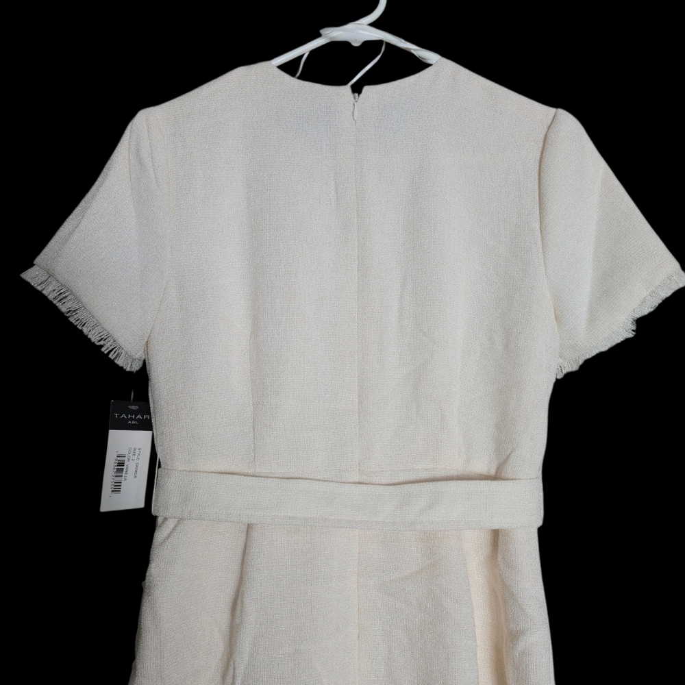 Tahari Vanilla Belted Textured Sheath Dress Off White Cream Fringe Short Sleeve - Picture 6 of 14